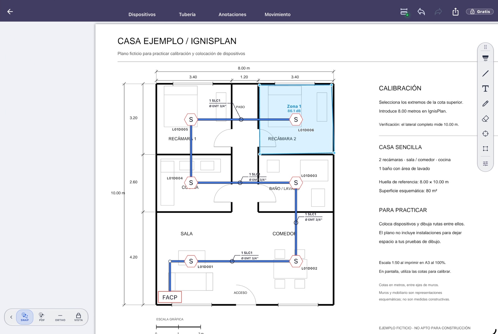 Captura real de IgnisPlan en iPad con tuberías, dispositivos y una zona sobre una casa de práctica